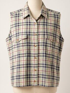 Vintage 80s 90s Plaid Sleeveless Shirt Cotton Retro Grunge Button Up Blouse XL